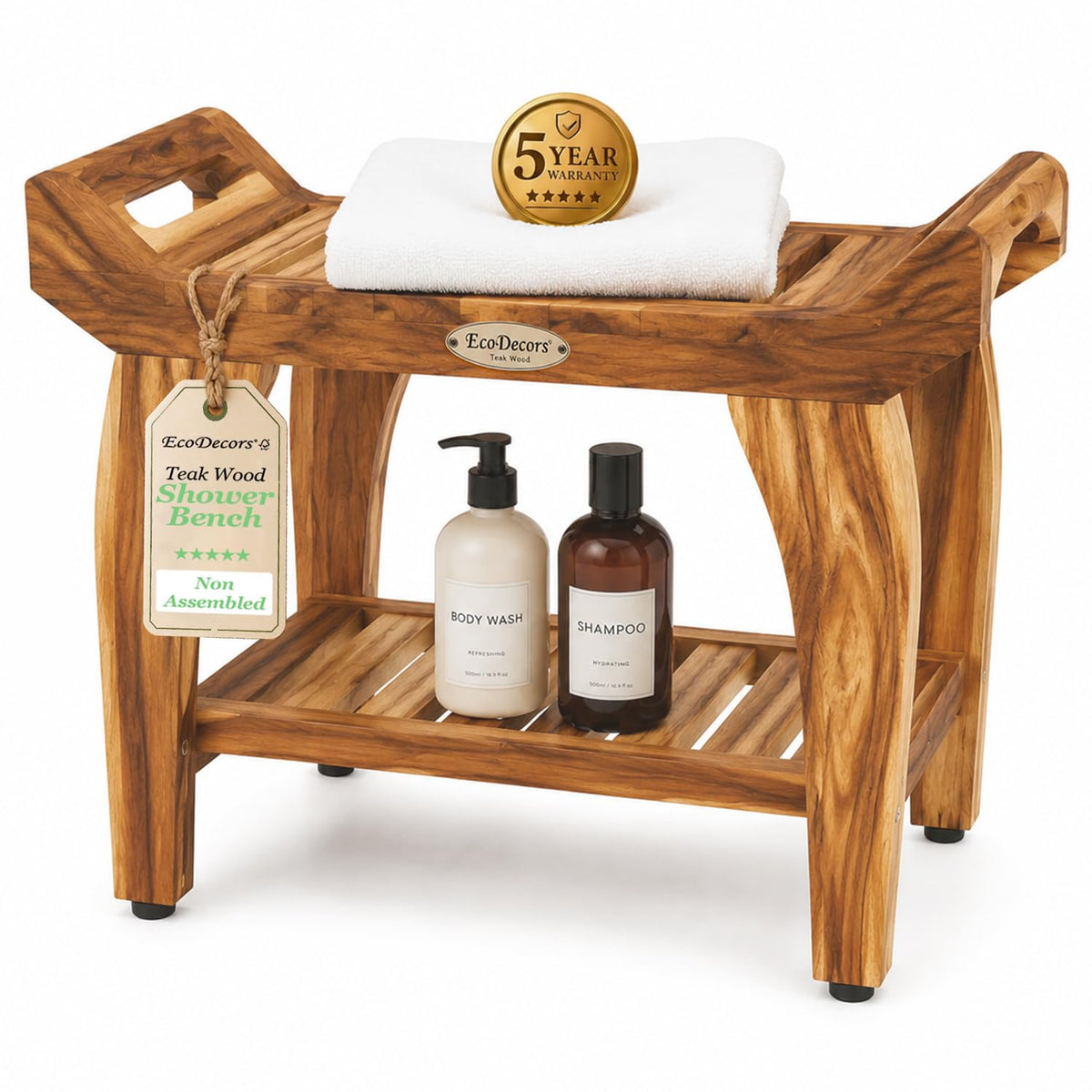 24" Teak Shower Bench with Arms & Storage Shelf R35308