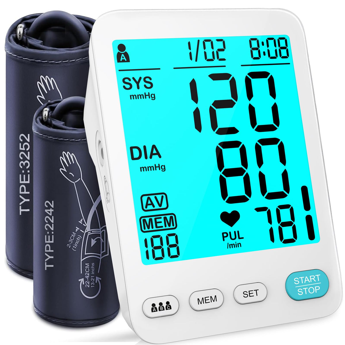 Automatic Upper Arm Blood Pressure Monitor Adjustable Cuffs Large LCD Digital Display Y2565