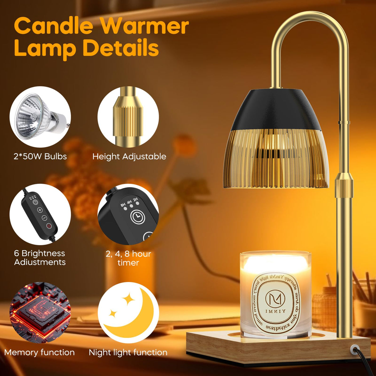 Candle Warmer Lamp with Timer Auto Off, Dimmable Height Adjustable Wax Melting Lamp H84088