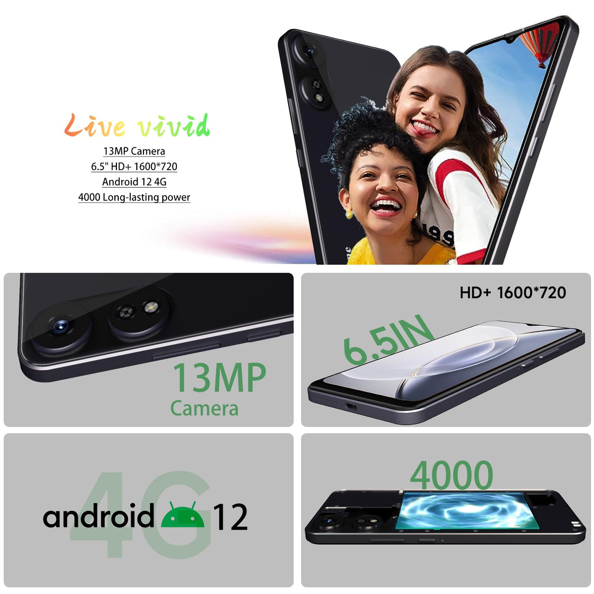 4G LTE Unlocked Cell Phone 6.5” HD+ Screen 3GB RAM Android 12 13MP Dual SIM Black P608