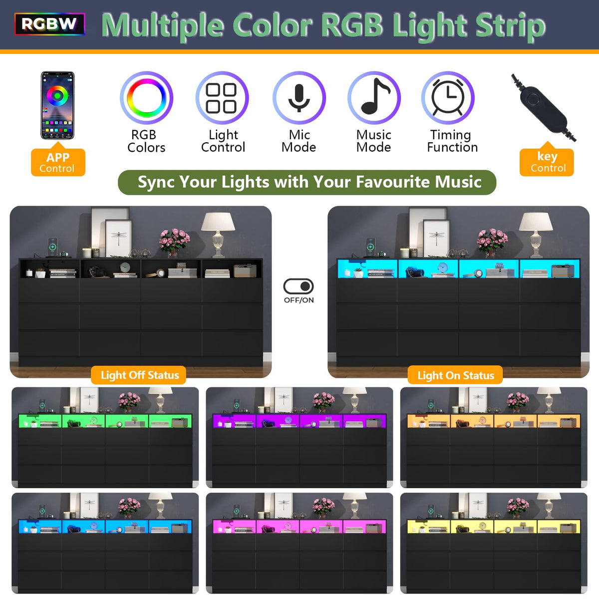 6 Drawer Dresser with Power Outlet and LED Lights I32255
