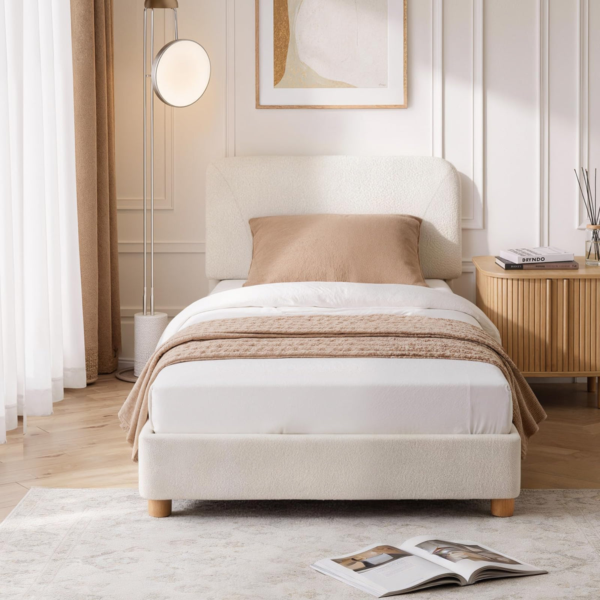 Twin Size Cream Boucle Platform Bed J19269