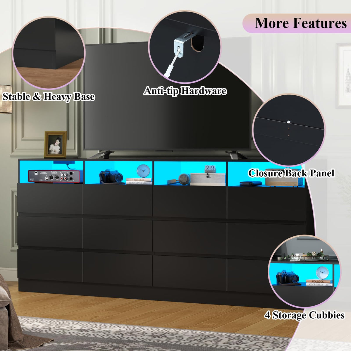6 Drawer Dresser with Power Outlet and LED Lights I32255