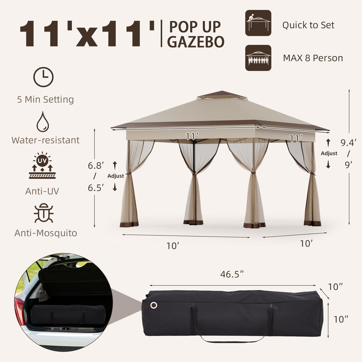 11x11 Pop Up Gazebo with Mosquito Netting D854977