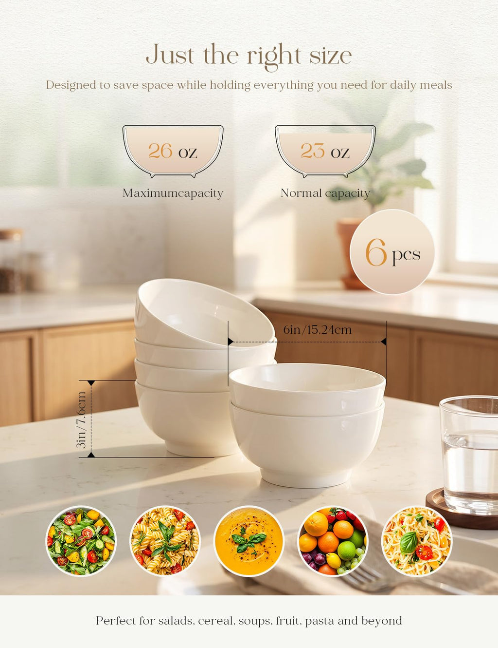 Porcelain Soup Bowls Set of 6, 26 oz White Ceramic Bowls L5186