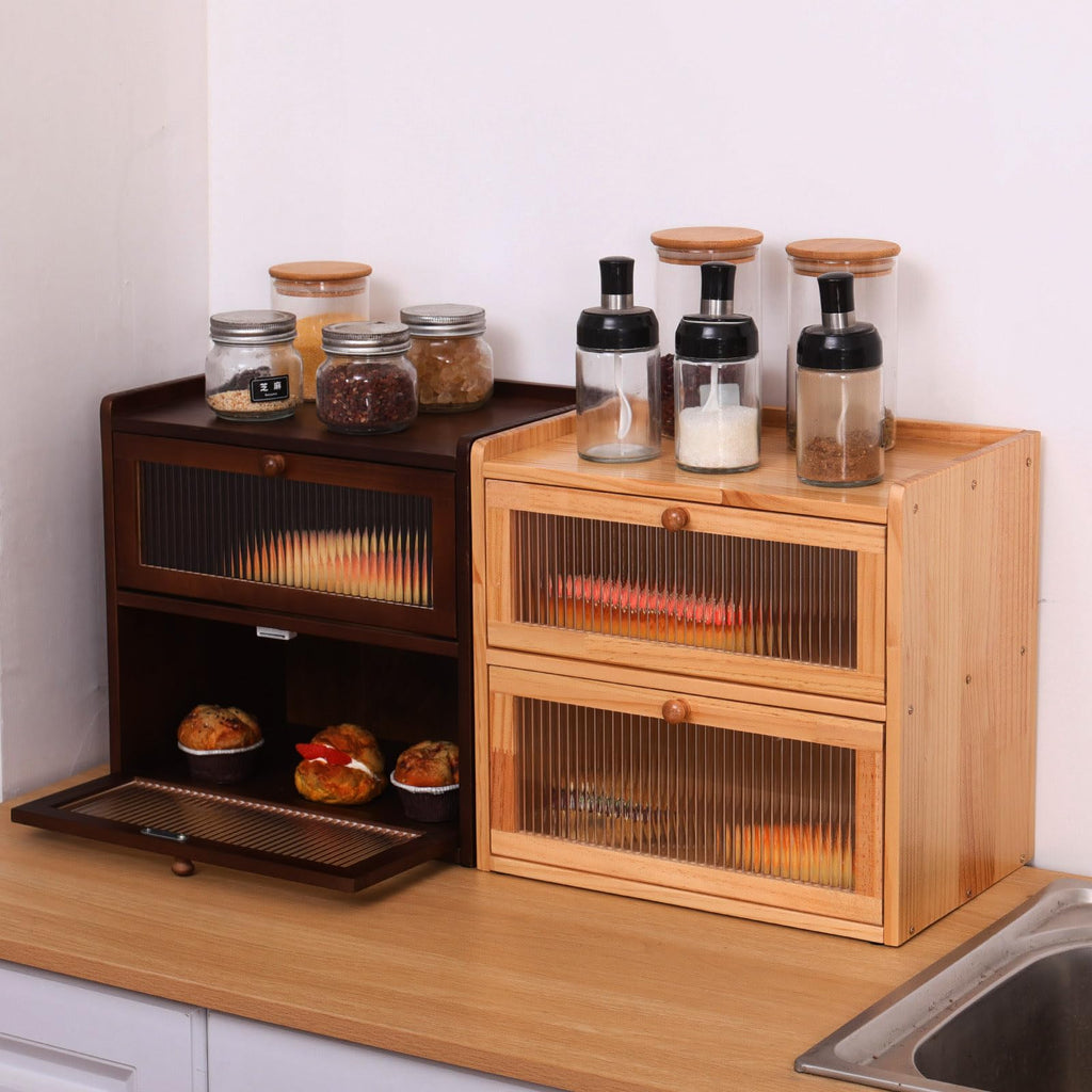 Double 2 Layer Wooden Bread Box with Acrylic Window Y966