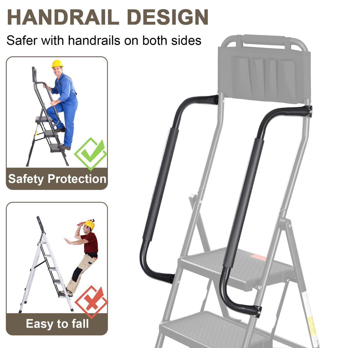 3 Step Folding Step Ladder with Handrails, 500 Lbs Capacity, Black E9403