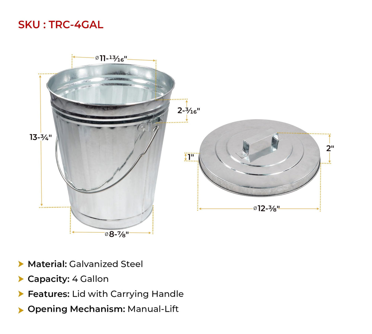 4 Gallon Galvanized Steel Trash Can with Lid O1213