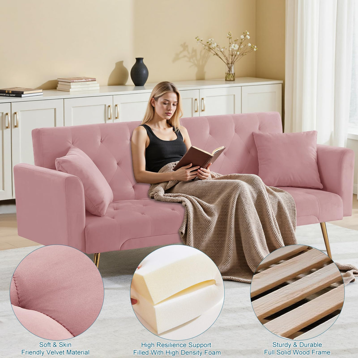 Pink Velvet Convertible Sofa Bed X364