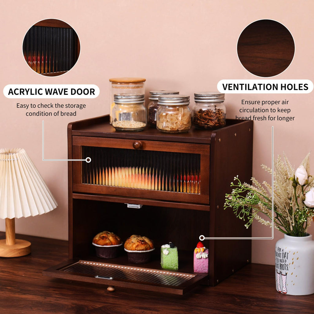 Double 2 Layer Wooden Bread Box with Acrylic Window Y966