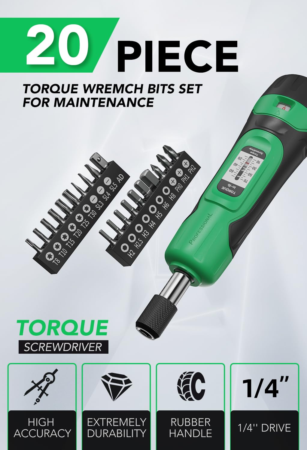 1/4" Drive 10-70 Inch Pounds 20 Pcs Torque Screwdriver Set Y70941