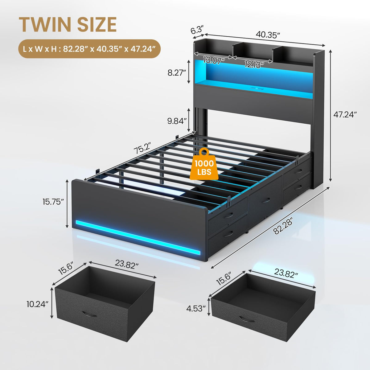 Twin Size Storage Bed Frame with 5 Drawers C912371