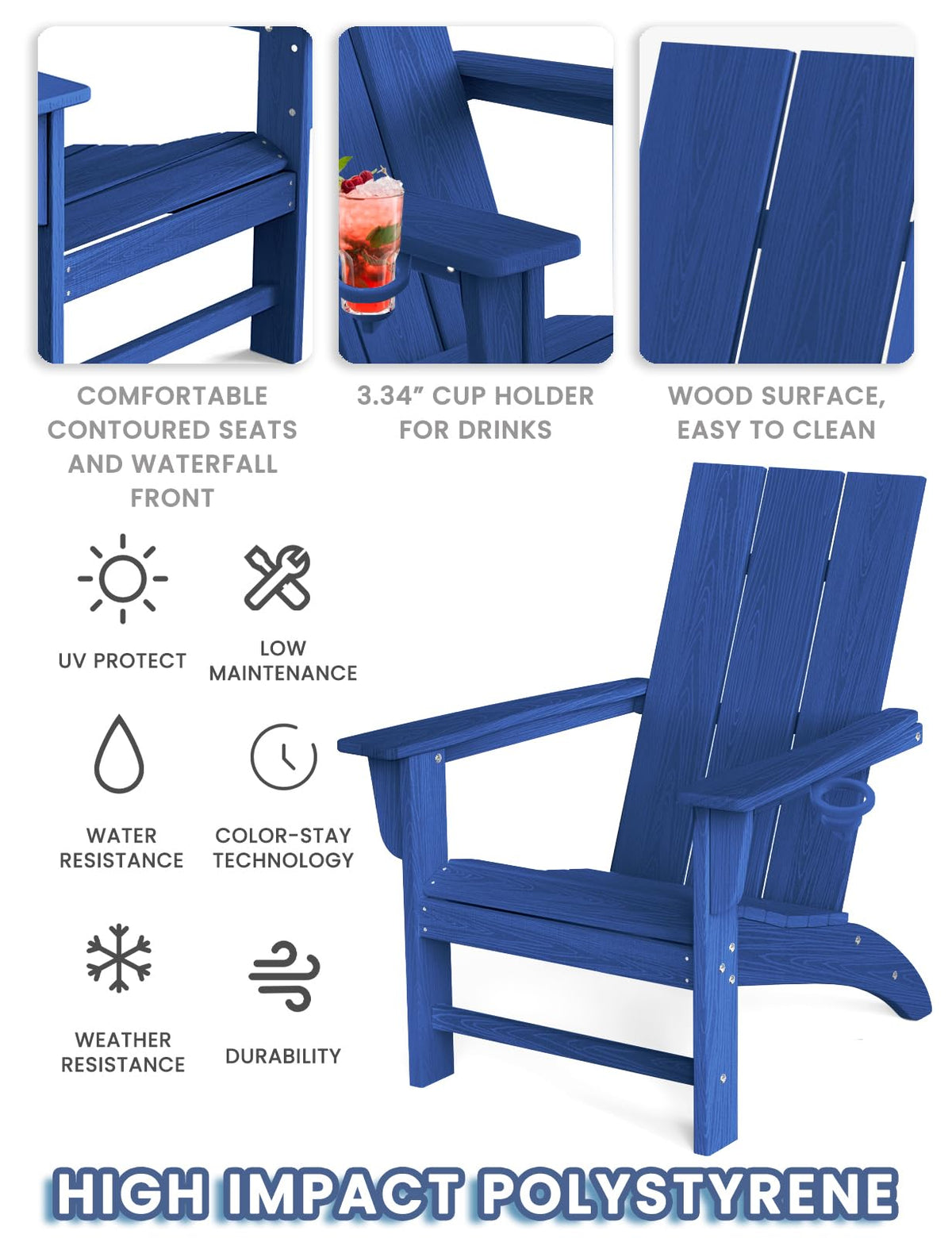Adirondack Chair with Cup Holder, HDPE Plastic Patio Chairs W5035