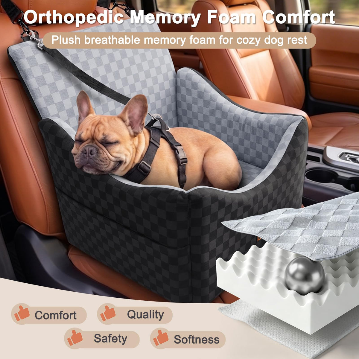 Elevated Dog Car Seat for Small/Medium Dogs up to 35 lbs, Memory Foam Grey U100