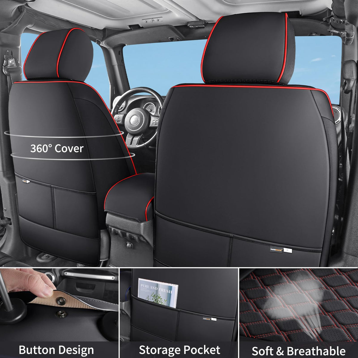 Waterproof Leather Seat Covers Full Set Black Red R334990