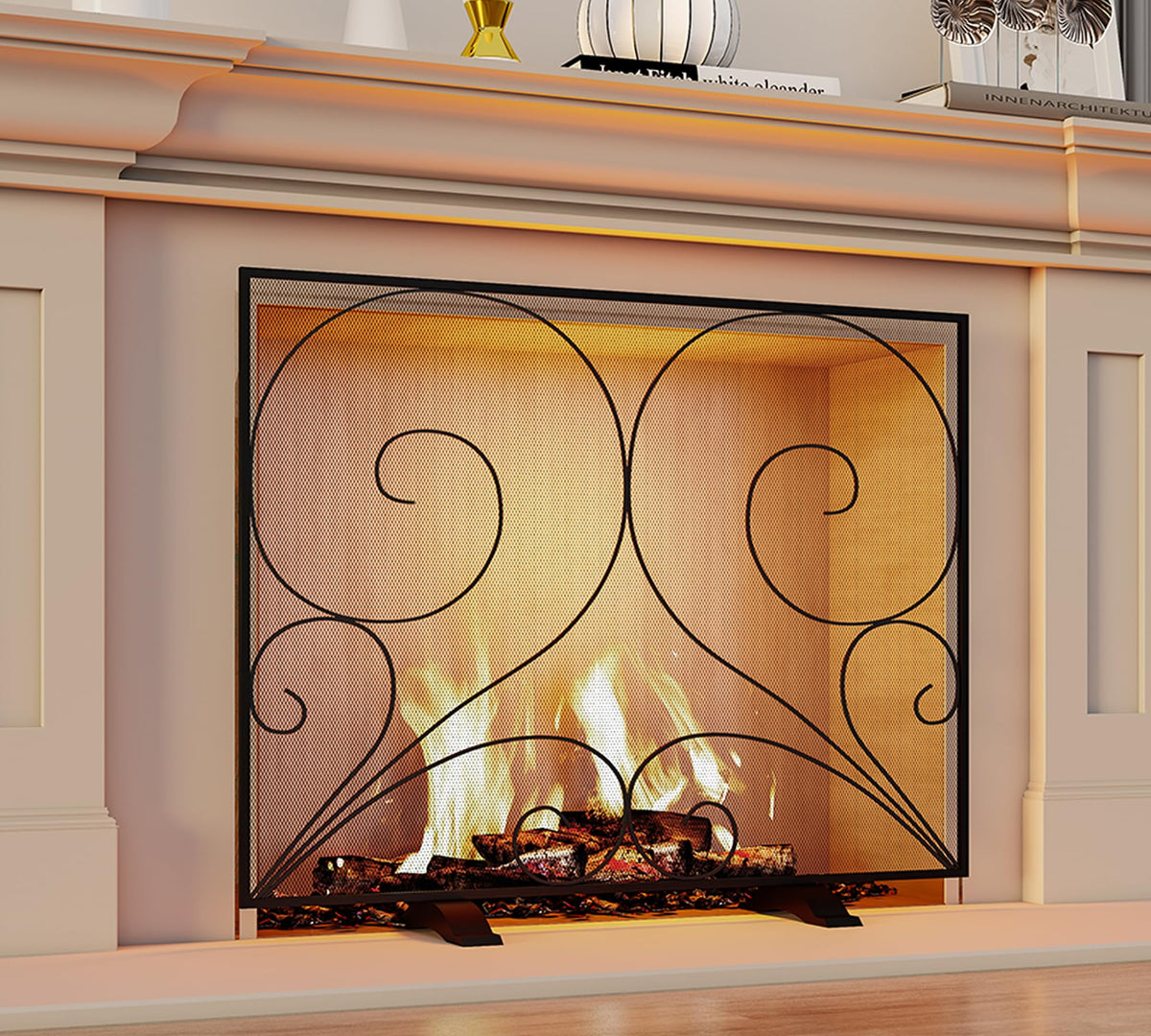 Black Single Panel Wrought Iron Fireplace Screen V15264