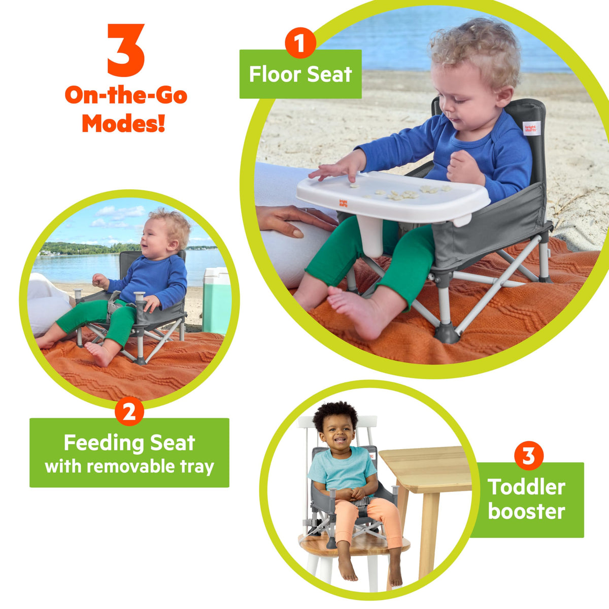 Portable Booster Seat, 3-in-1 Floor Seat, Travel High Chair with Feeding Tray, Grey N863