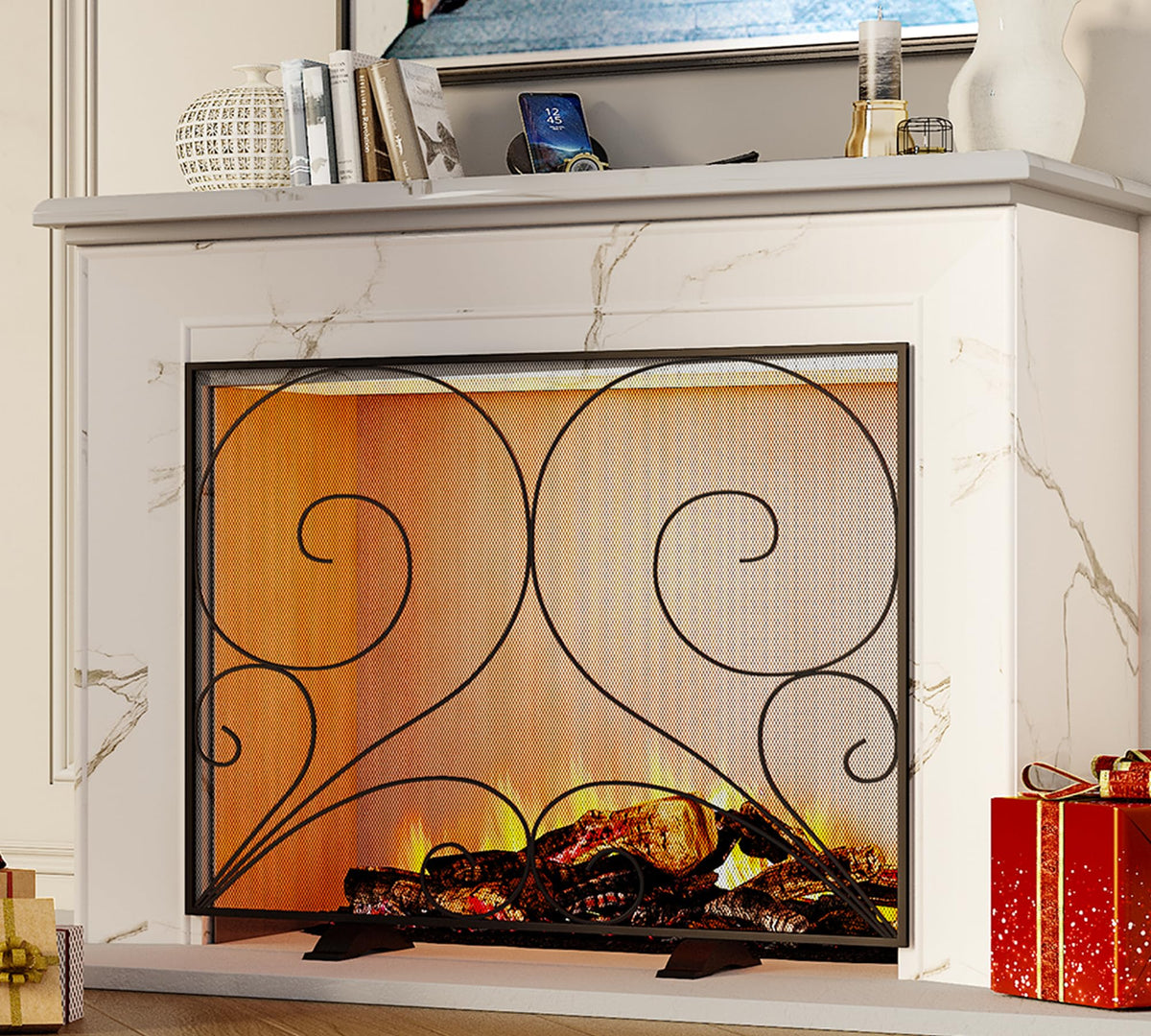 Black Single Panel Wrought Iron Fireplace Screen V15264