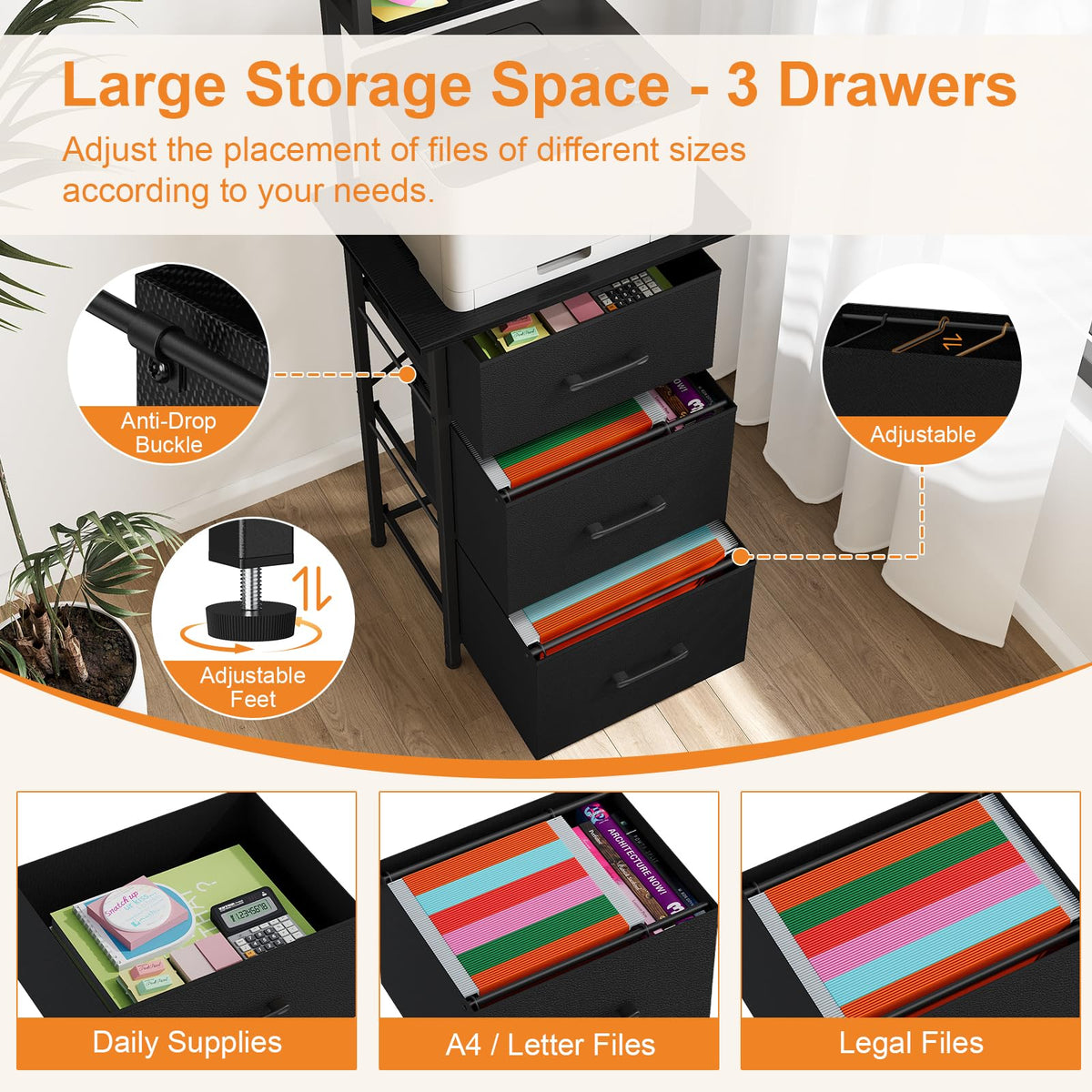 3 Drawer Tall File Cabinet with Extended Desktop, Black Y996441