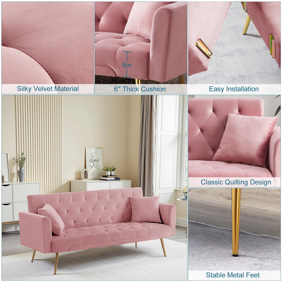 Pink Velvet Convertible Sofa Bed X364