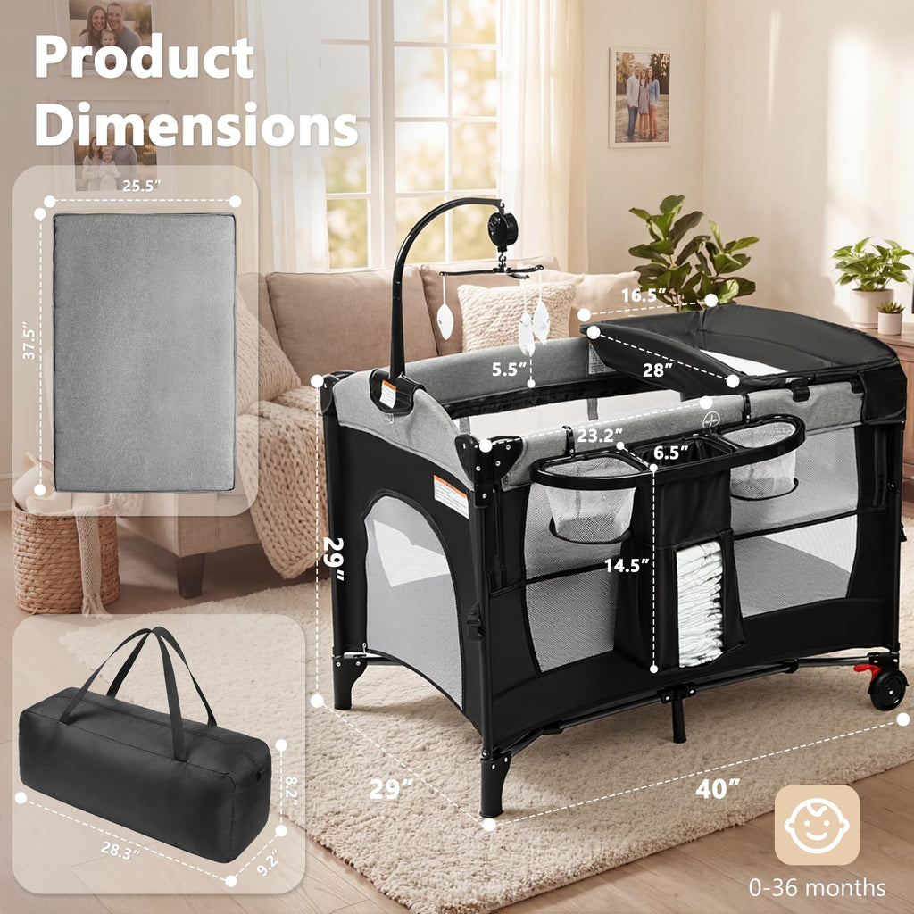4 in 1 Portable Baby Playard, Baby Bedside Crib, Grey A3424