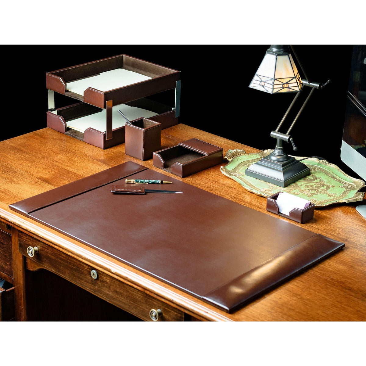 Dark Brown Bonded Leather 8-Piece Desk Accessory Set G777