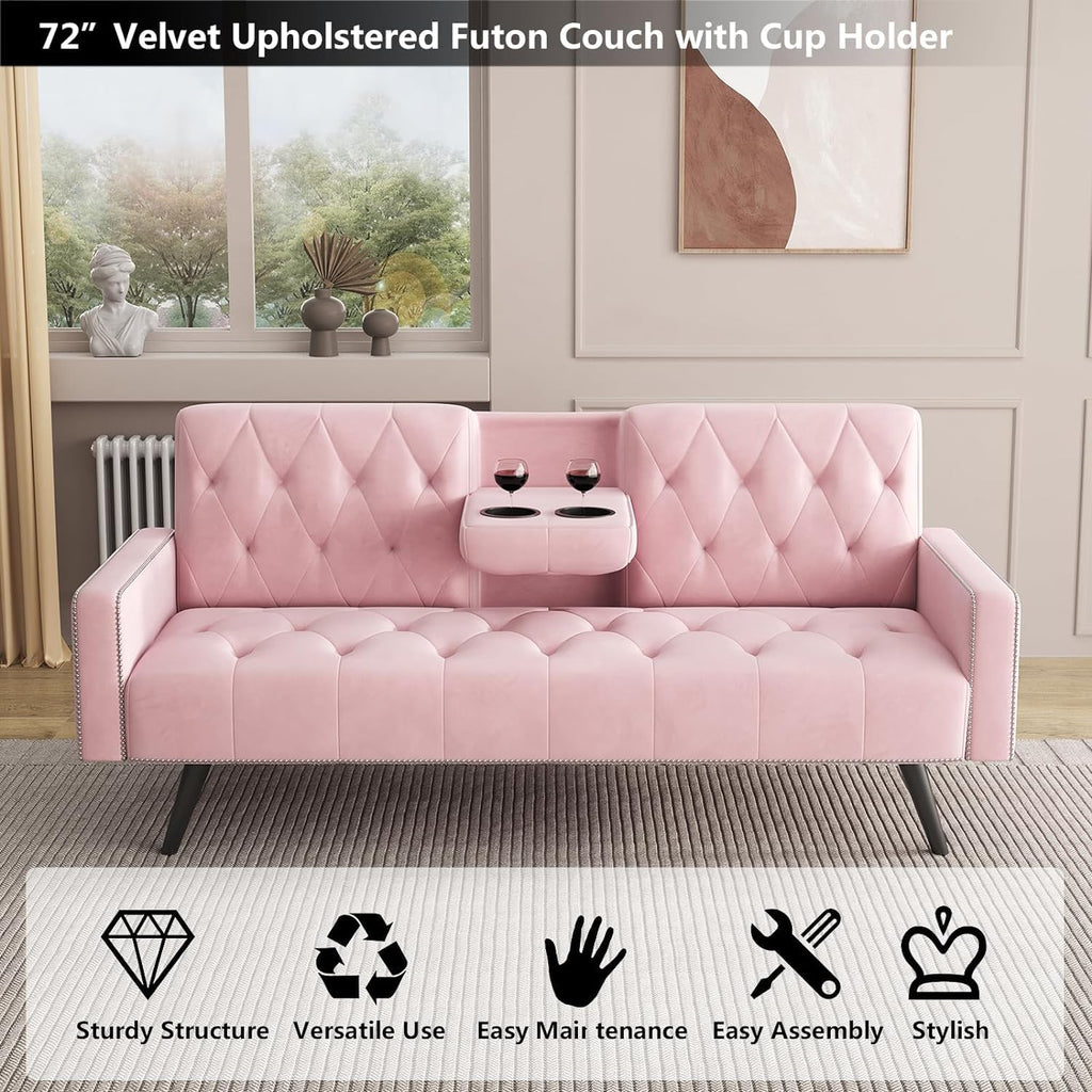 Pink Velvet Futon Couch Bed with Cup Holder E863