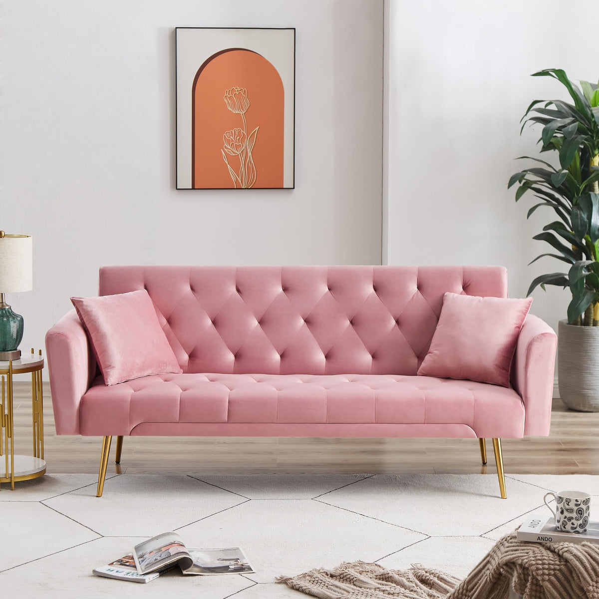 Pink Velvet Convertible Sofa Bed X364