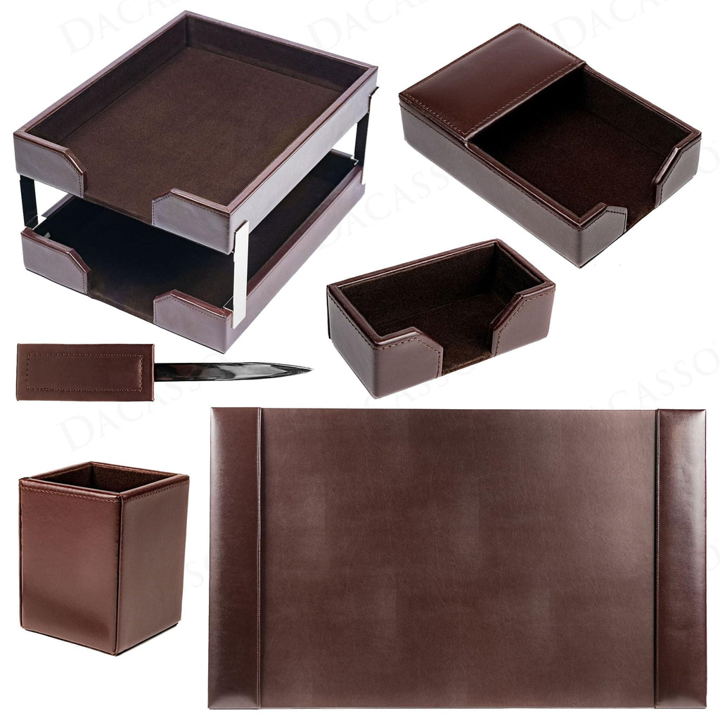 Dark Brown Bonded Leather 8-Piece Desk Accessory Set G777