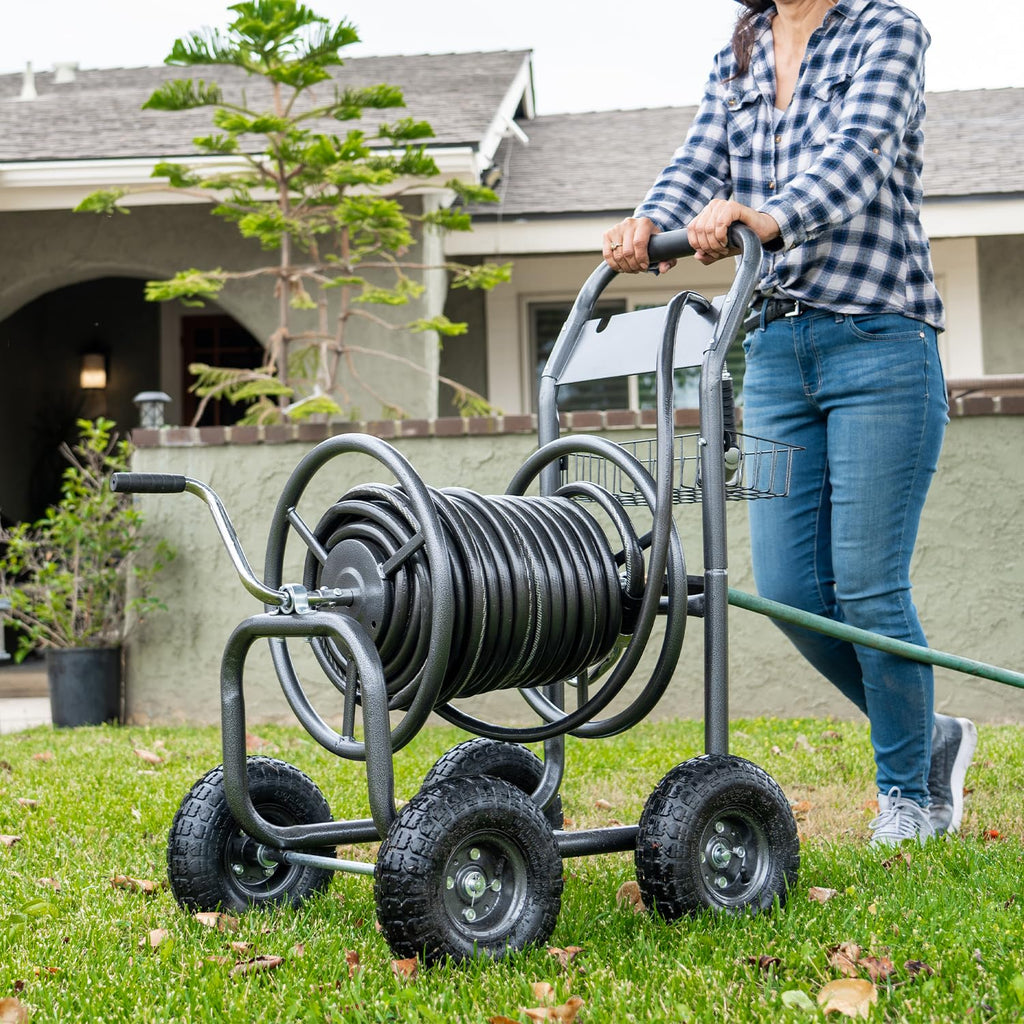Hose Reel Cart with Wheels, 300-Feet Capacity, Grey Y598341