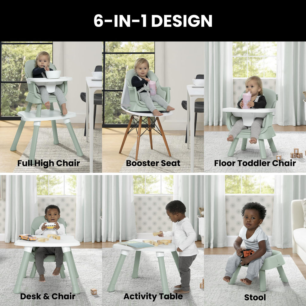 6-in-1 High Chair Converts to Stool Booster Seat Toddler Chair Activity Table and Desk and Chair Sage Green N8679
