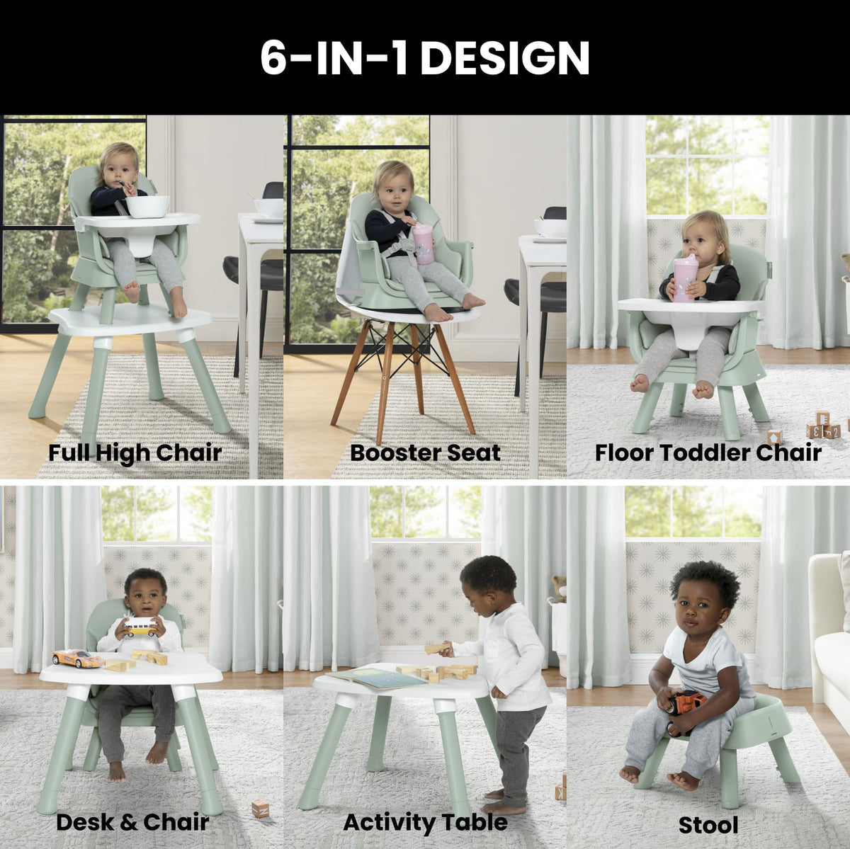 6-in-1 High Chair Converts to Stool Booster Seat Toddler Chair Activity Table and Desk and Chair Sage Green N8679