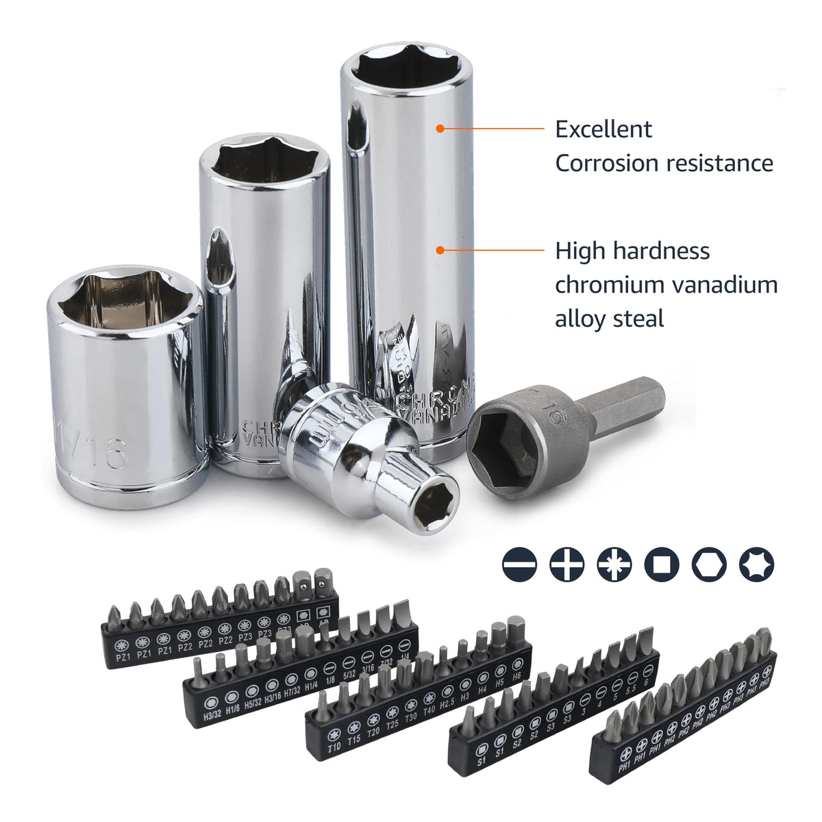 201-Piece Mechanic's Socket Tool Set with Case, SAE and Metric, Chrome-Vanadium Steel E9703