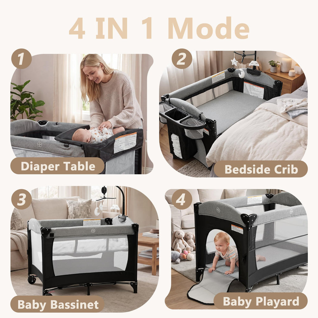 4 in 1 Portable Baby Playard, Baby Bedside Crib, Grey A3424