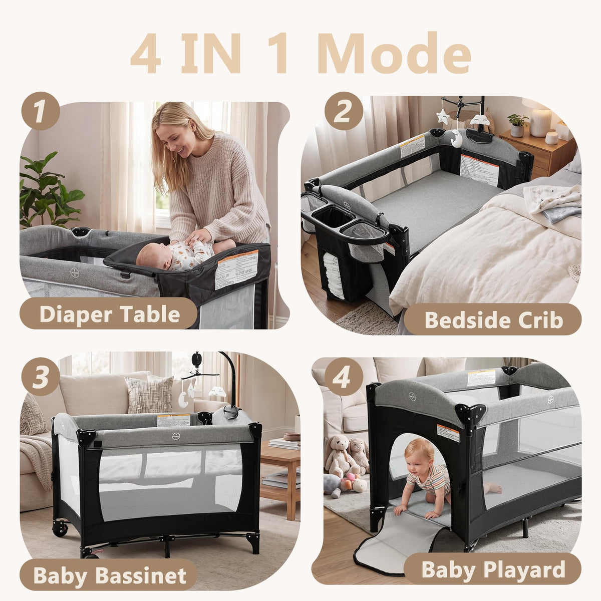 4 in 1 Portable Baby Playard, Baby Bedside Crib, Grey A3424