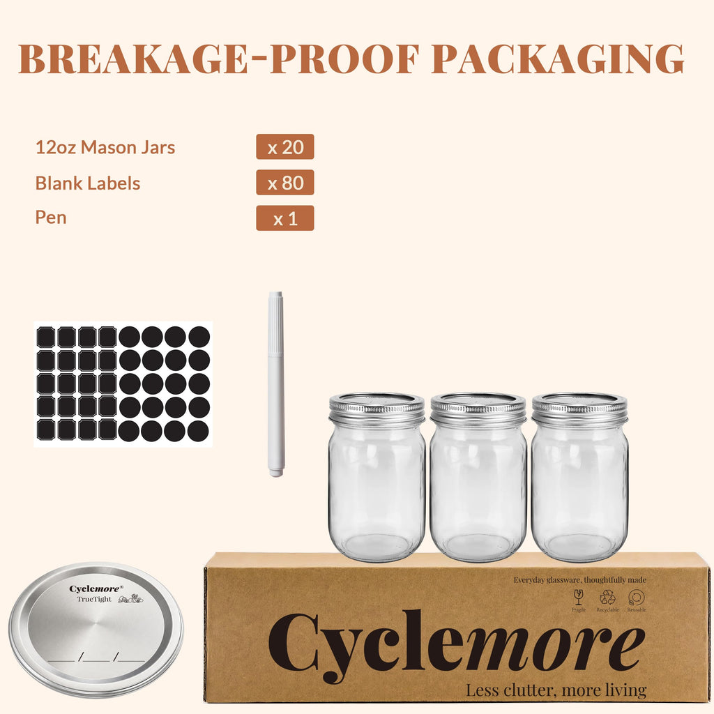 20 Pcs 12oz Glass Mason Jars With Lids H38016