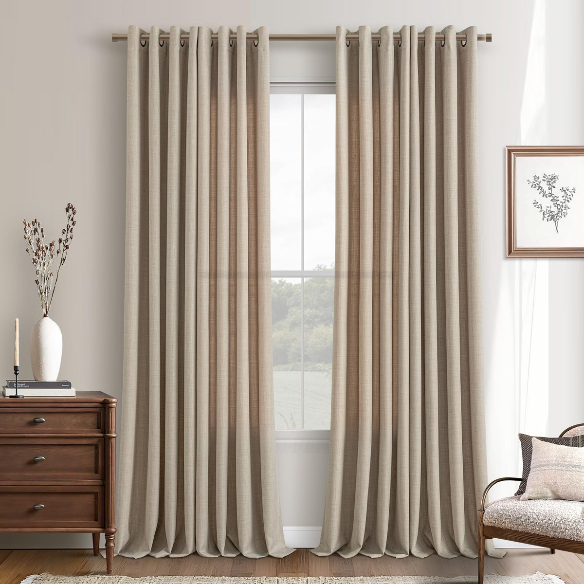 Taupe Linen Textured Grommet Curtains L95893