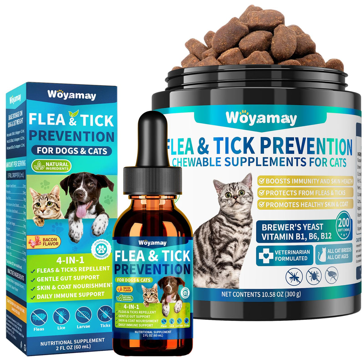 Natural Flea & Tick Prevention Bundle for Cats & Dogs, 200 Chews + Herbal Drops S374