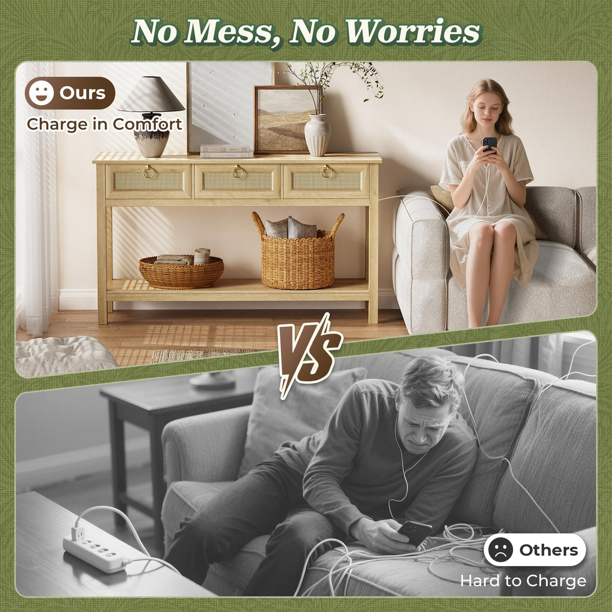 Rattan Console Sofa Table with Outlets and 3 Drawers V957105