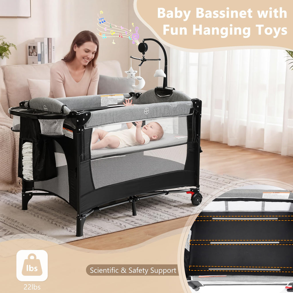 4 in 1 Portable Baby Playard, Baby Bedside Crib, Grey A3424