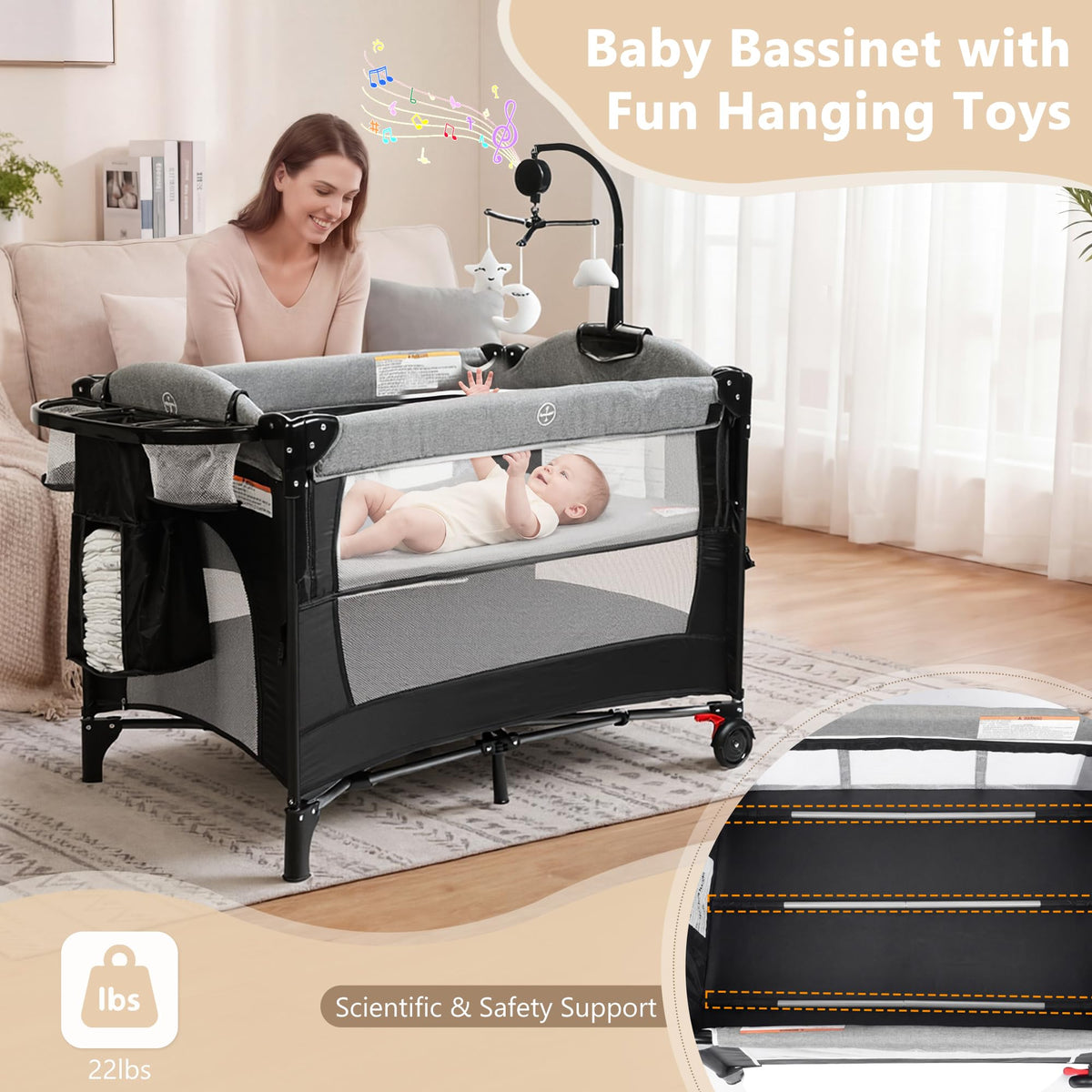4 in 1 Portable Baby Playard, Baby Bedside Crib, Grey A3424