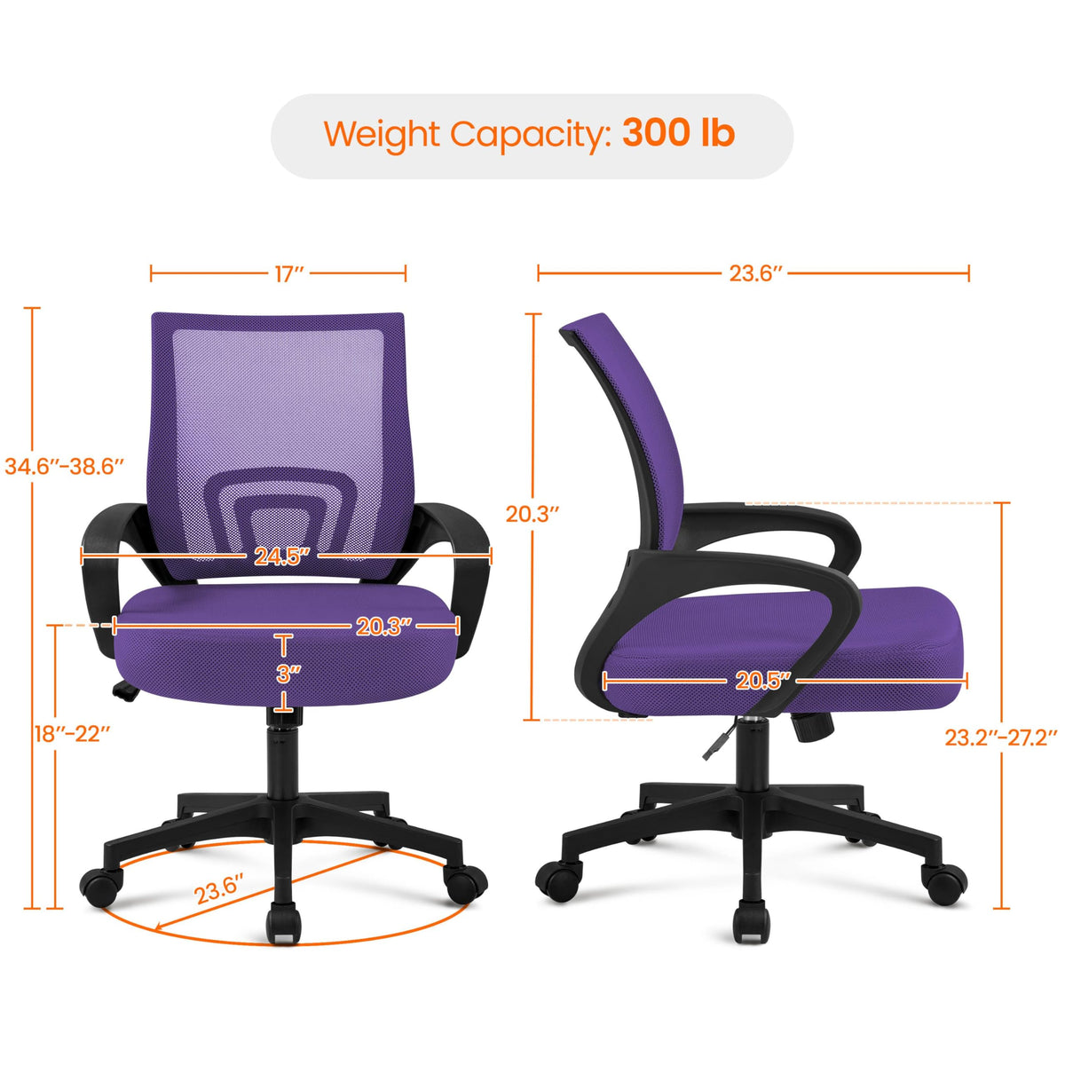 Purple Mesh Office Chairs with Lumbar Support, Set of 2 H157