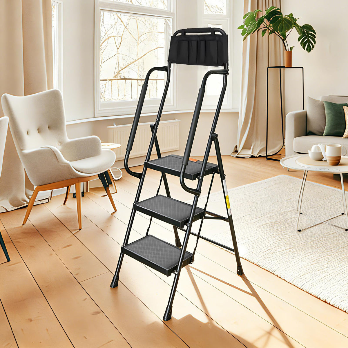 3 Step Folding Step Ladder with Handrails, 500 Lbs Capacity, Black E9403