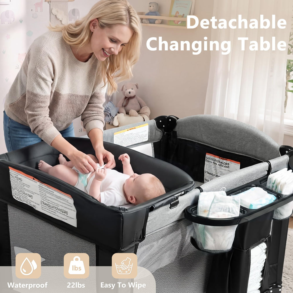 4 in 1 Portable Baby Playard, Baby Bedside Crib, Grey A3424