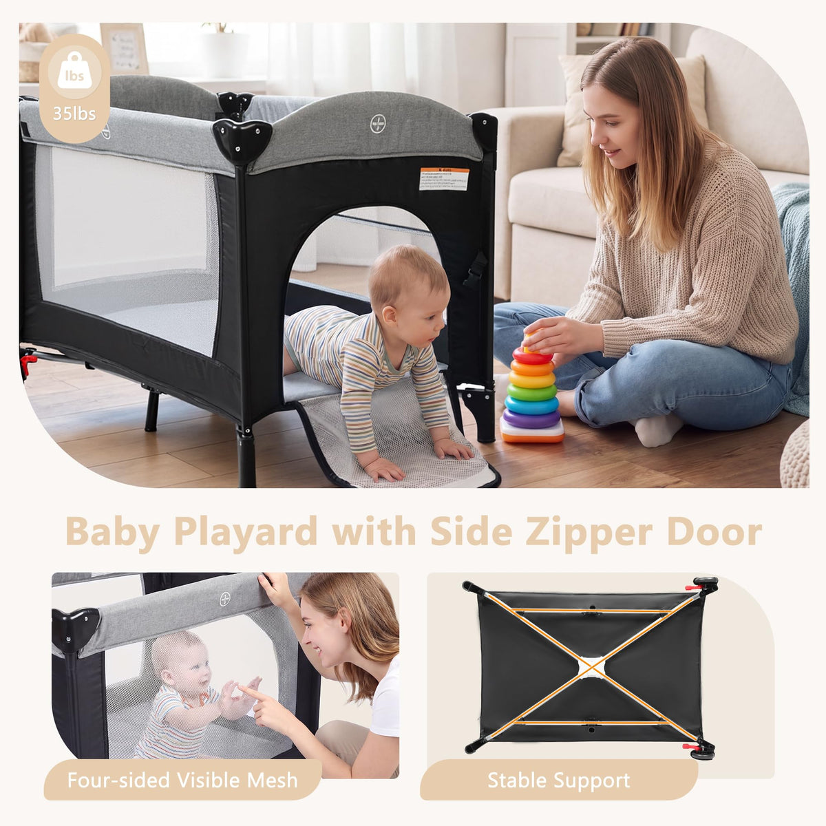 4 in 1 Portable Baby Playard, Baby Bedside Crib, Grey A3424