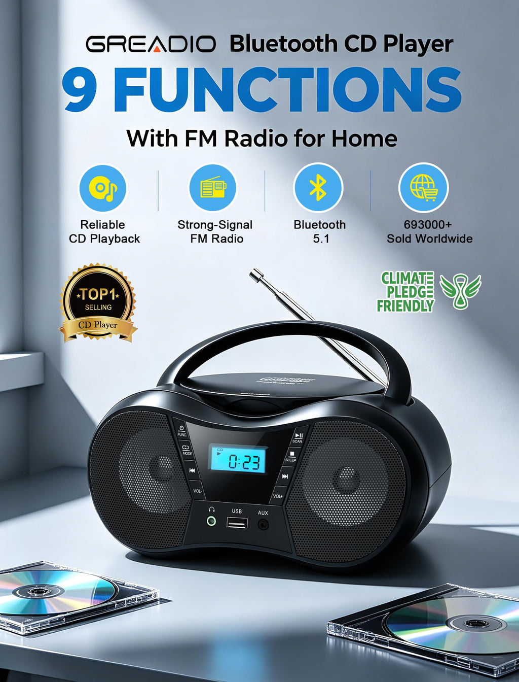 Portable Boombox CD Player with Bluetooth F56867