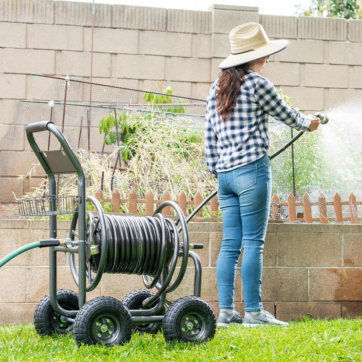 Hose Reel Cart with Wheels, 300-Feet Capacity, Grey Y598341