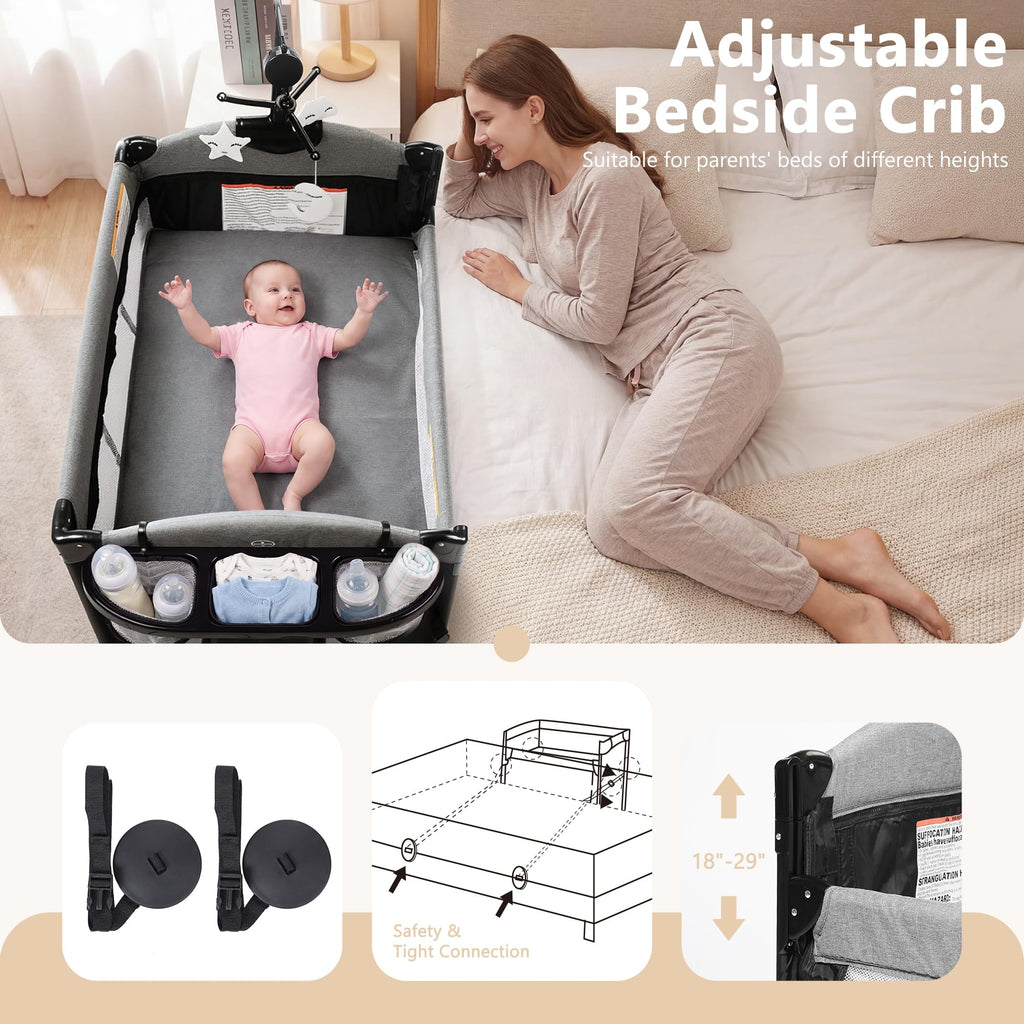 4 in 1 Portable Baby Playard, Baby Bedside Crib, Grey A3424