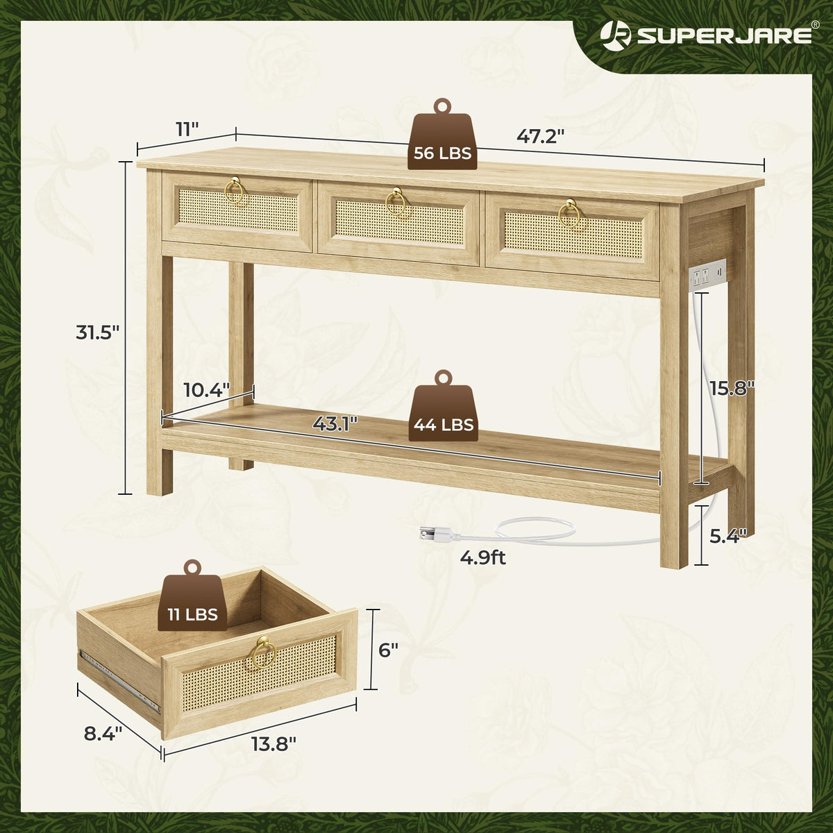Rattan Console Sofa Table with Outlets and 3 Drawers V957105