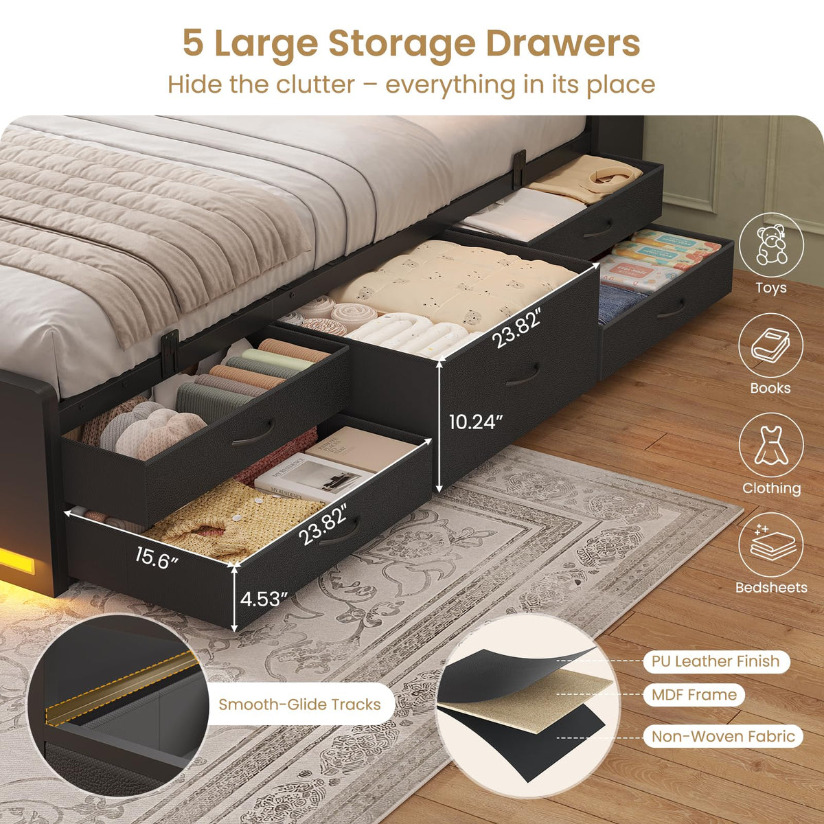 Twin Size Storage Bed Frame with 5 Drawers C912371